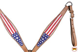 HILASON Western Horse American Leather Headstall & Breast Collar Set Tan US Flag