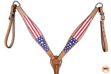 HILASON Western Horse American Leather Headstall & Breast Collar Set Tan US Flag