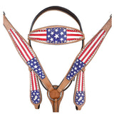 HILASON Western Horse American Leather Headstall and Breast Collar Set Tan US Flag | Headstall Bridle for Horses Western | Horse Headstall Bridle | Western Headstalls Bridle for Horses