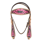 HILASON Western Horse Leather Headstall and Breast Collar Tack Set Pink Flame | Headstall Bridle for Horses Western | Horse Headstall Bridle | Western Headstalls Bridle for Horses