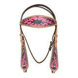 HILASON Western  Horse Leather Headstall & Breast Collar Tack Set Pink Flame