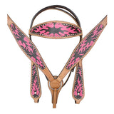 HILASON Western  Horse Leather Headstall & Breast Collar Tack Set Pink Flame