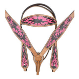 HILASON Western Horse Leather Headstall and Breast Collar Tack Set Pink Flame | Headstall Bridle for Horses Western | Horse Headstall Bridle | Western Headstalls Bridle for Horses