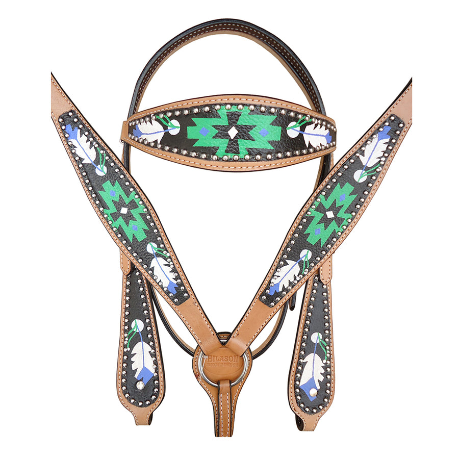HILASON Western Horse Leather Headstall & Breast Collar Tack Set Geometry Feather
