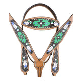 HILASON Western  Horse Leather Headstall & Breast Collar Tack Set Geometry Feather
