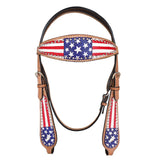 HILASON Western Horse American Leather Headstall & Breast Collar Set Tan US Flag