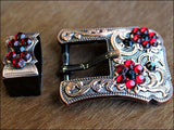 Hilason Screw Back Concho Black & Siam Crystal Floral Copper Buckle Set 3/4 Inch