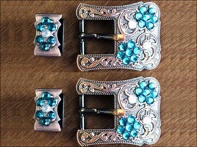 Hilason Screw Back Concho Emerald & AB Crystal Floral Copper Buckle Set  3/4 Inch