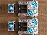 Hilason Screw Back Concho Emerald & AB Crystal Floral Copper Buckle Set  3/4 Inch