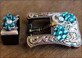Hilason Screw Back Concho Emerald & AB Crystal Floral Copper Buckle Set  3/4 Inch