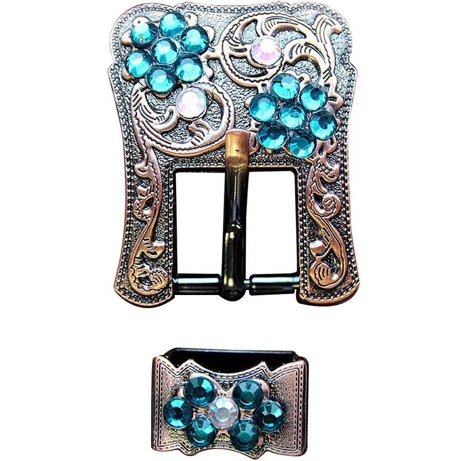 Hilason Screw Back Concho Emerald and AB Crystal Floral Copper Buckle Set 3/4 Inch - Uhorse