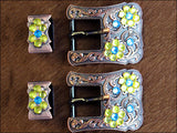 Hilason Screw Back Concho Capri & Lemon Crystal Floral Copper Buckle Set 3/4 Inch