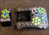 Hilason Screw Back Concho Capri & Lemon Crystal Floral Copper Buckle Set 3/4 Inch