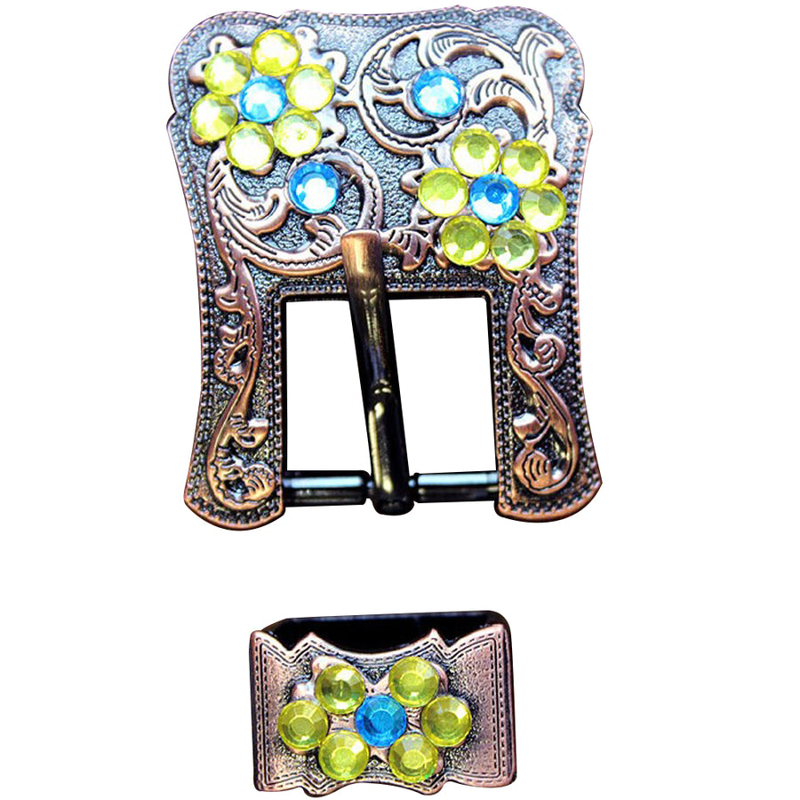 Hilason Screw Back Concho Capri and Lemon Crystal Floral Copper Buckle Set 3/4 Inch - Uhorse