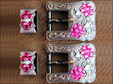 Hilason Screw Back Concho Fuschia & Crystal Floral Copper Buckle Set  3/4 Inch