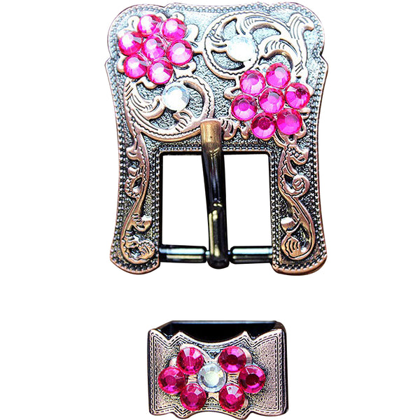 Hilason Screw Back Concho Fuschia and Crystal Floral Copper Buckle Set 3/4 Inch - Hilason