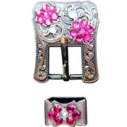 Hilason Screw Back Concho Fuschia & Crystal Floral Copper Buckle Set  3/4 Inch