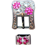 Hilason Screw Back Concho Fuschia & Crystal Floral Copper Buckle Set by Hilason – Cowboy and equestrian accessories