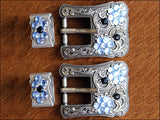 HILASON Western Screw Back Concho Blue Crystals Silver Finish Buckle Set Black and Sapphire Color | Slotted Conchos