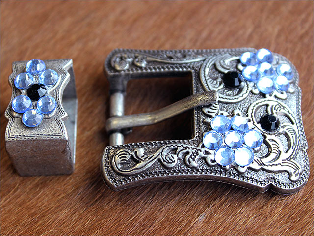 HILASON Western Screw Back Concho Blue Crystals Silver Finish Buckle Set Black and Sapphire Color | Slotted Conchos