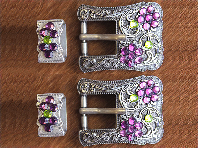HILASON Screw Back Concho Purple Green Crystals Silver Buckle Set Light Amethyst and Peridot Color | Bridle Conchos