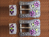 Western Screw Back Concho Purple Green Crystals Silver Buckle Set Belt