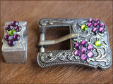 Western Screw Back Concho Purple Green Crystals Silver Buckle Set Belt