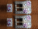 Western Screw Back Concho Purple Blue Crystals Silver Buckle Set Belt