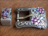 Western Screw Back Concho Purple Blue Crystals Silver Buckle Set Belt