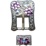 Western Screw Back Concho Purple Blue Crystals Silver Buckle Set Belt