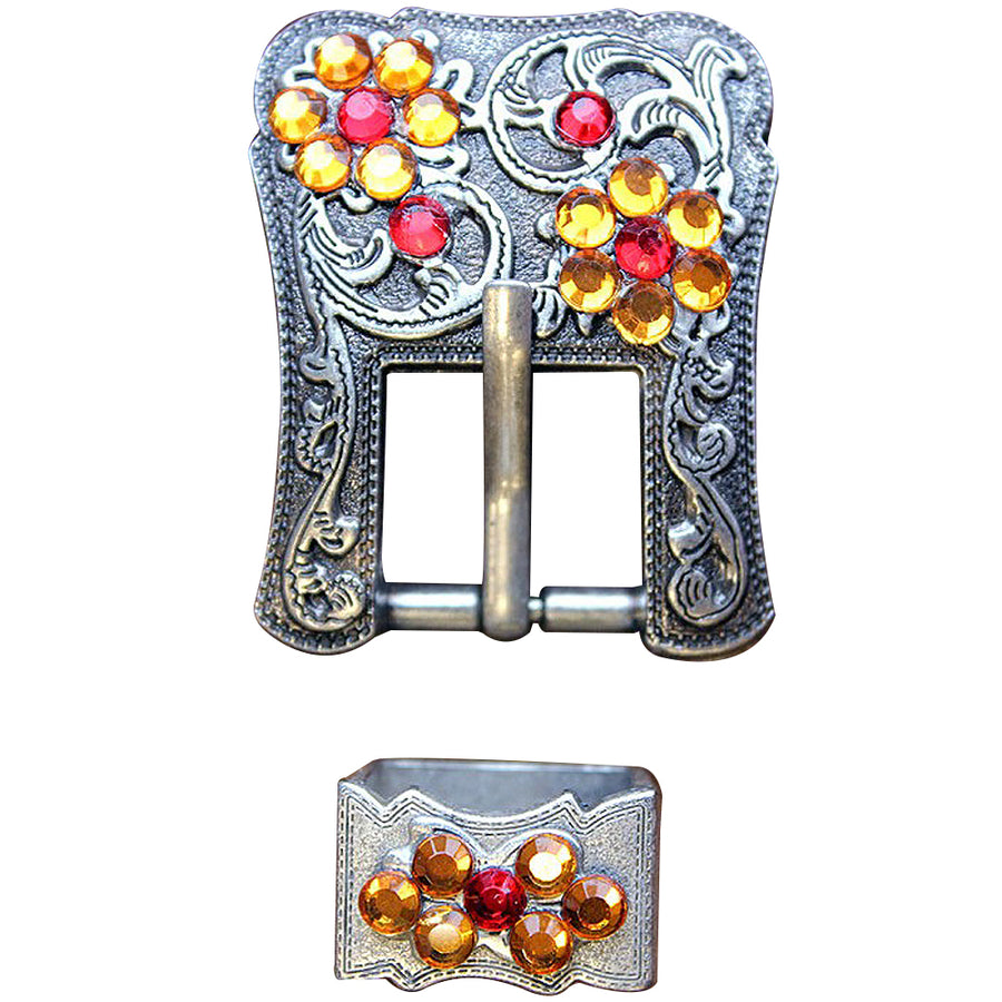 32 Western Screw Back Concho Siam Topaz Crystals Silver Buckle Set Belt - Uhorse