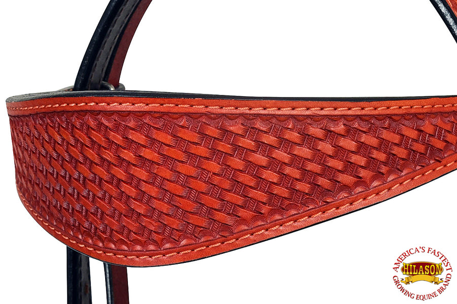HILASON Western Horse Headstall Breast Collar Set Genuine American Leather Basket Weave Mahogany | For Horses