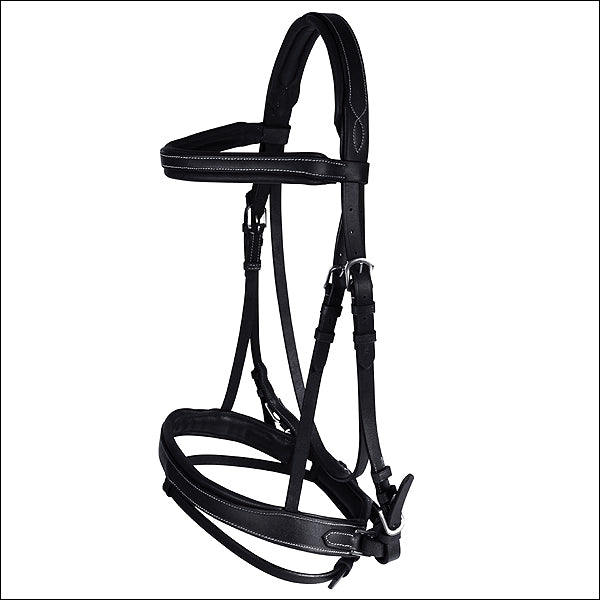 Full Black Horze Venice Leather Horse Padded English Bridle Reins with Stoppers - Uhorse
