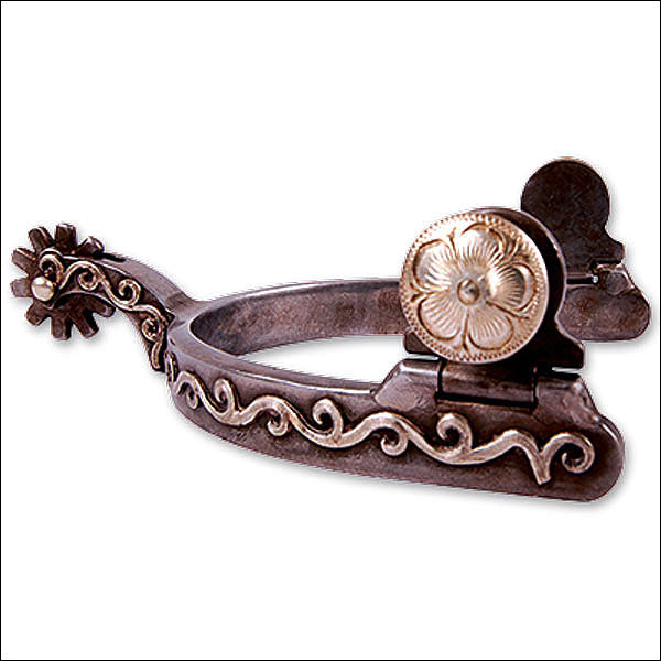 Ornate metal spur with floral concho and tooled leather strap - Uhorse