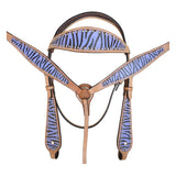 HILASON Western Horse Leather Headstall & Breast Collar Tack Set Blue Zebra
