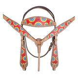 HILASON Western  Horse Leather Headstall & Breast Collar Tack Set Rainbow