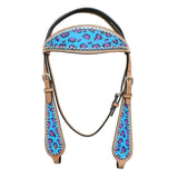 HILASON Western Horse Leather Headstall and Breast Collar Set Turquoise Cheetah| Headstall Bridle for Horses Western | Horse Headstall Bridle | Western Headstalls Bridle for Horses