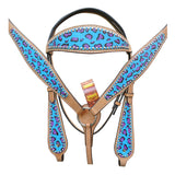 HILASON Western Horse Leather Headstall and Breast Collar Set Turquoise Cheetah| Headstall Bridle for Horses Western | Horse Headstall Bridle | Western Headstalls Bridle for Horses