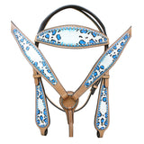 HILASON Western  Horse Leather Headstall & Breast Collar Set Turquoise Leopard