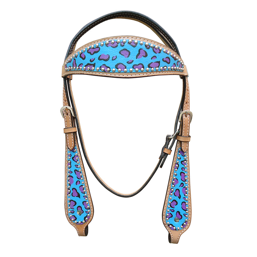 HILASON Western Horse Leather Headstall & Breast Collar Set Turquoise Cheetah