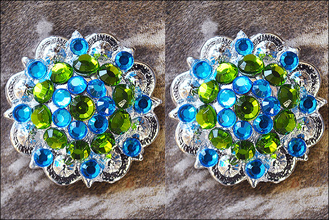 HILASON Western Screw Back Concho Peridot Blue Crystal 1-1/4In Saddle Peridot Green and Capri Blue color | Bling Concho