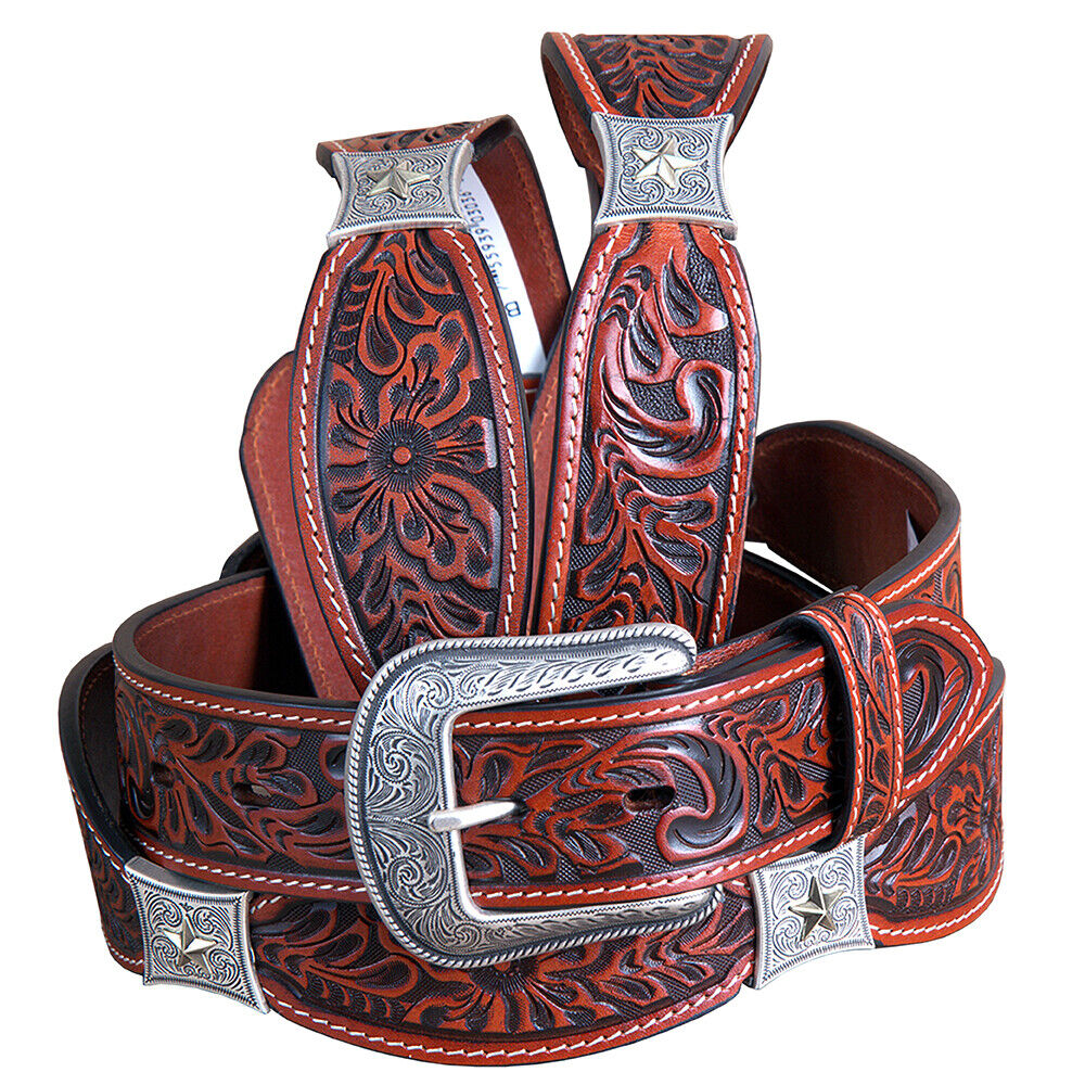 44 In 3D Floral Leather Mens Cowboy Fashion Belt Cognac Brown