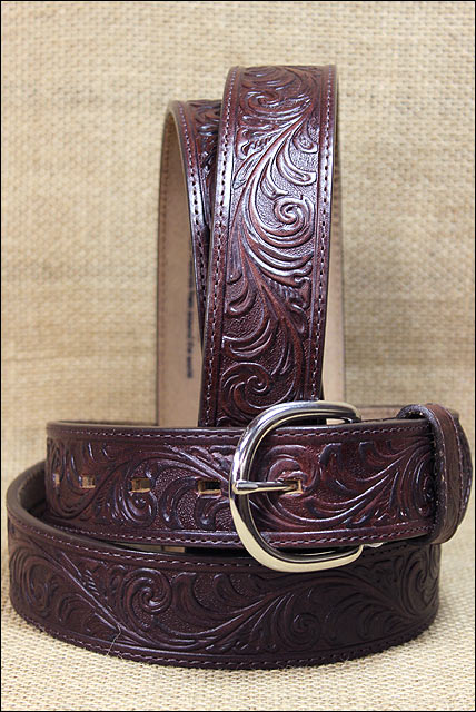 26" Leegin Dark Brown Western Scroll Tooled Leather Men Belt 1-1/2" Wide