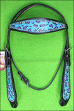 HILASON Western Horse Leather Headstall and Breast Collar Set Turquoise Cheetah| Headstall Bridle for Horses Western | Horse Headstall Bridle | Western Headstalls Bridle for Horses