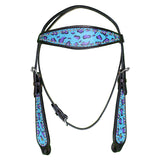 HILASON Western Horse Leather Headstall and Breast Collar Set Turquoise Cheetah| Headstall Bridle for Horses Western | Horse Headstall Bridle | Western Headstalls Bridle for Horses