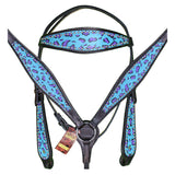 HILASON Western Horse Leather Headstall and Breast Collar Set Turquoise Cheetah| Headstall Bridle for Horses Western | Horse Headstall Bridle | Western Headstalls Bridle for Horses