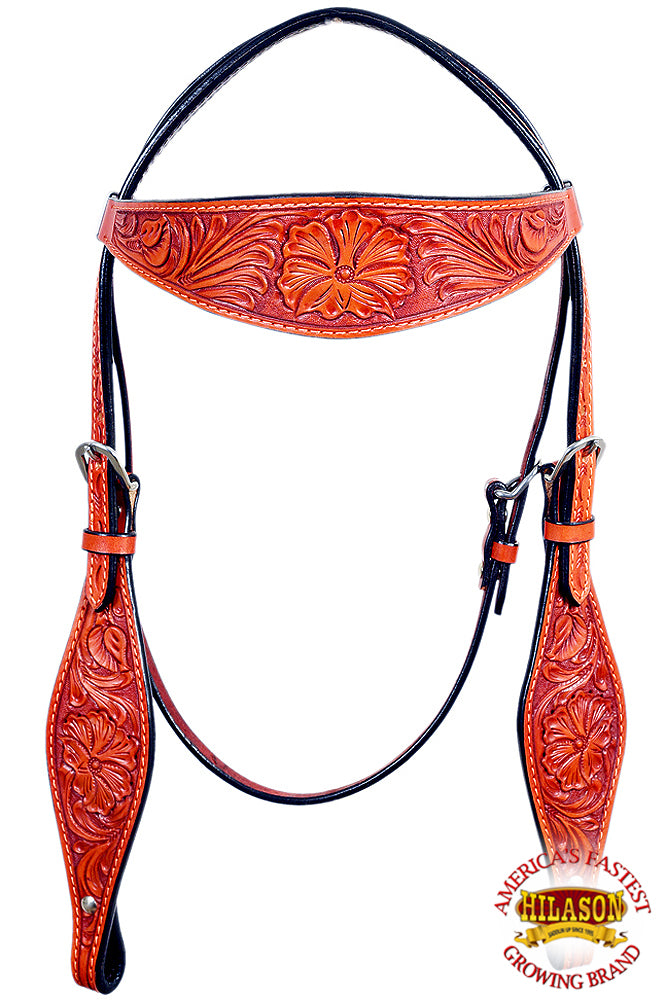 HILASON Western Horse Headstall Breast Collar Set Genuine American Leather Floral Mahogany | For Horses