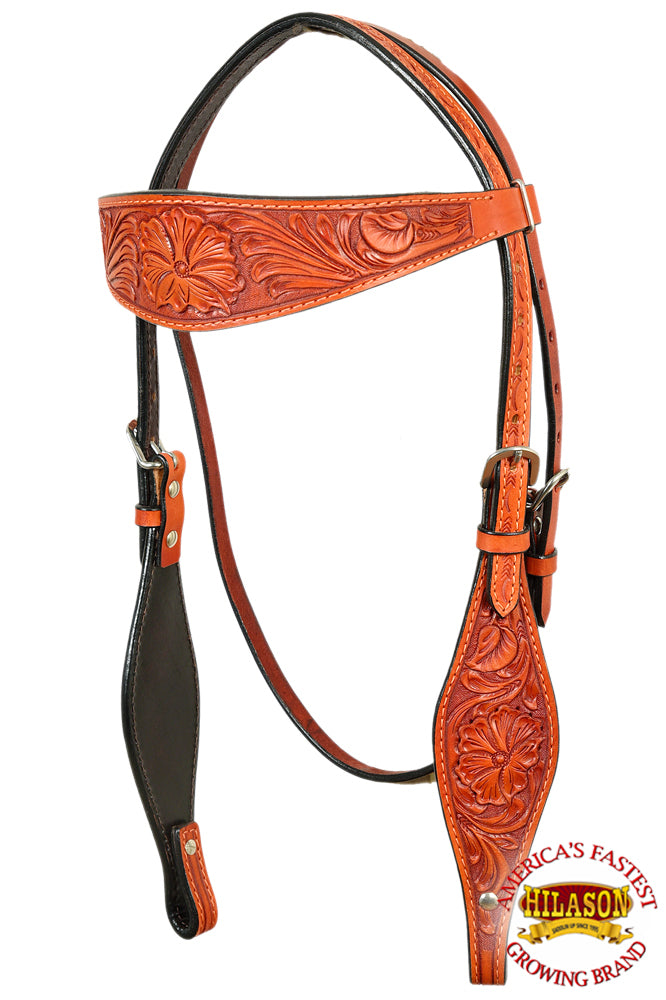HILASON Western Horse Headstall Breast Collar Set Genuine American Leather Floral Mahogany | For Horses