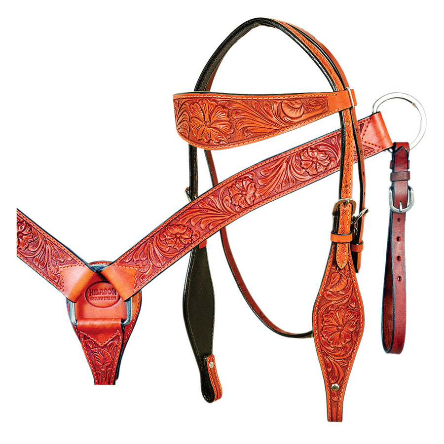 HILASON Western Horse Headstall Breast Collar Set Genuine American Leather Floral Mahogany | For Horses