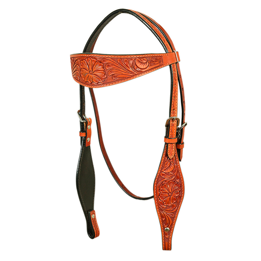 Red tooled leather horse bridle with navy reins - Uhorse